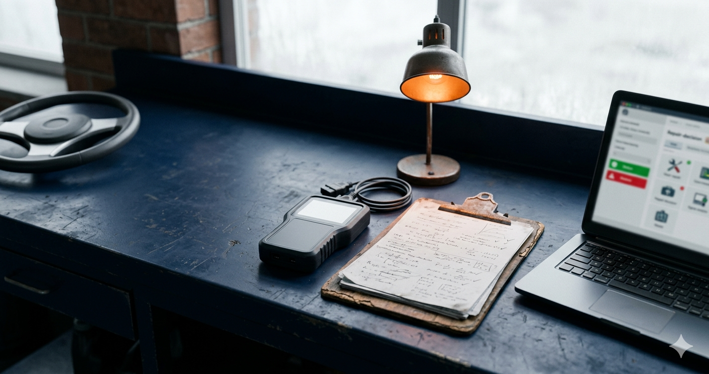 A workbench with a notebook, OBD scanner cable, and a laptop — the real tools and details behind everything we build.